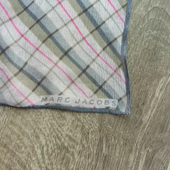 Marc Jacobs Silk Plaid Rectangular Scarf Lightweight Logo Detail - Picture 5 of 12